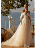 Off Shoulder Ivory Polka Dots Tulle Vintage Wedding Dress